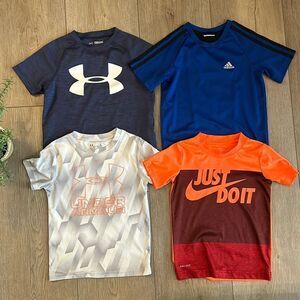 ((4 PIECE)) BOYS ATHLETIC TEE BUNDLE SIZE 4 NIKE UNDER ARMOUR ADIDAS EEEUC